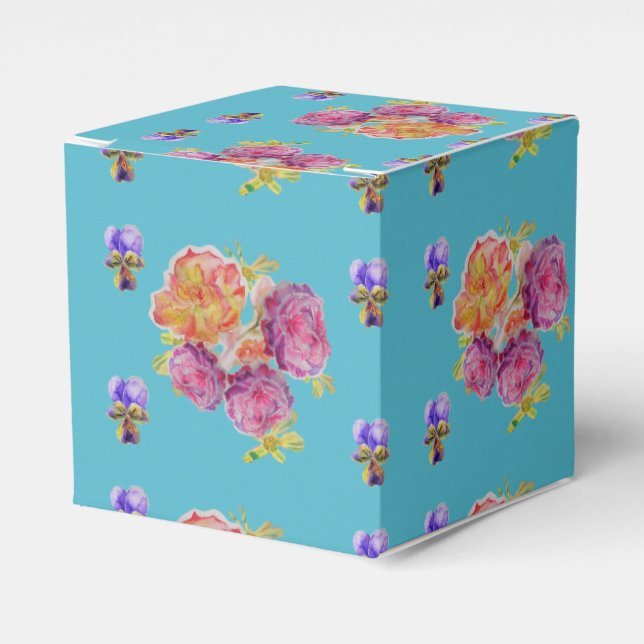 Red Pink Rose Shabby Chic Teal Aqua Floral Favor  Favor Box (Front Side)
