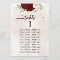Red & Pink Rose Wedding Seating Chart Table Number