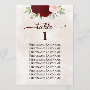 Red & Pink Rose Wedding Seating Chart Table Number