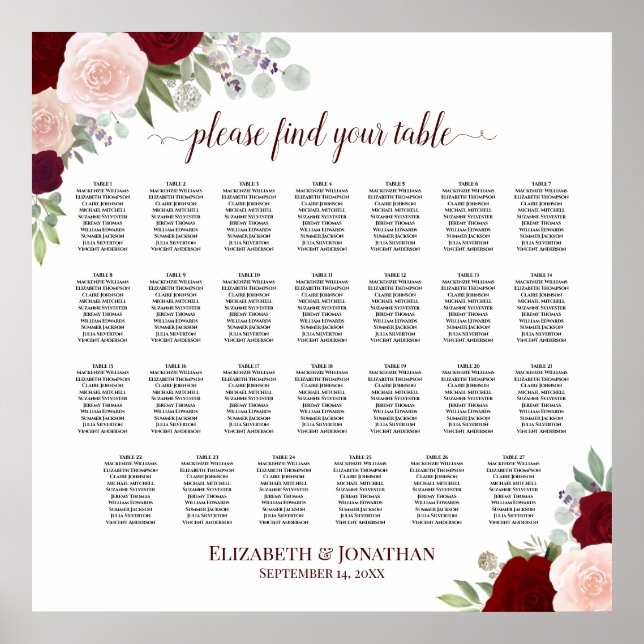 Red & Pink Roses 27 Table Wedding Seating Chart (Front)