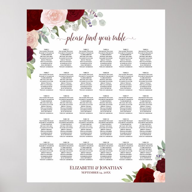 Red & Pink Roses 30 Table Wedding Seating Chart (Front)