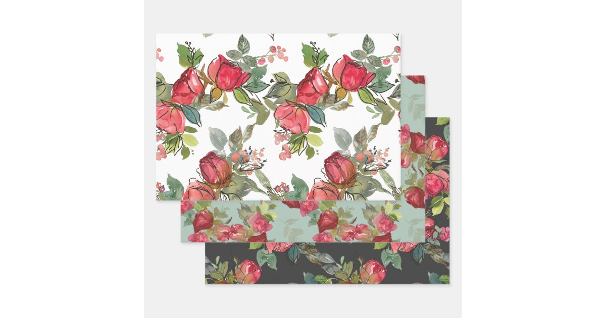 Red Pink Roses Berries Greenery Watercolor Floral Wrapping Paper Sheet ...
