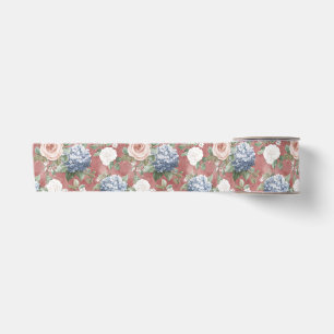 Red Pink Roses Bllue Hyndrangea Floral Wedding Satin Ribbon