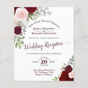 Red & Pink Roses Budget Wedding Reception Invite