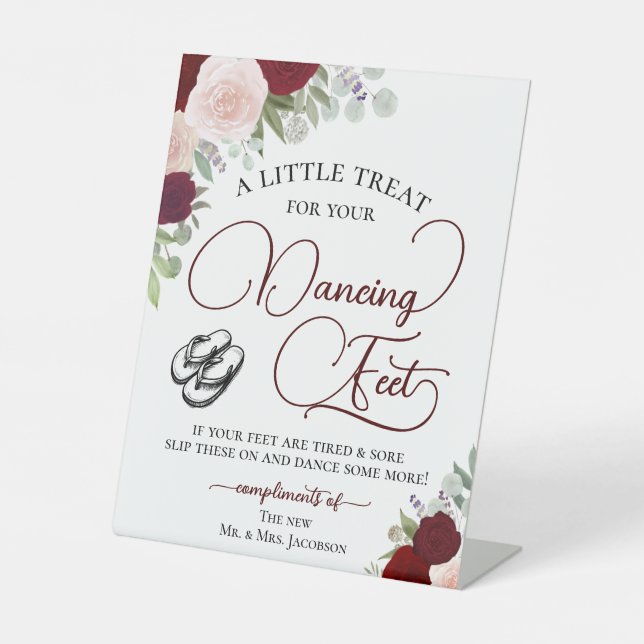 Red & Pink Roses Dancing Feet Flip Flop Wedding  Pedestal Sign (Front)