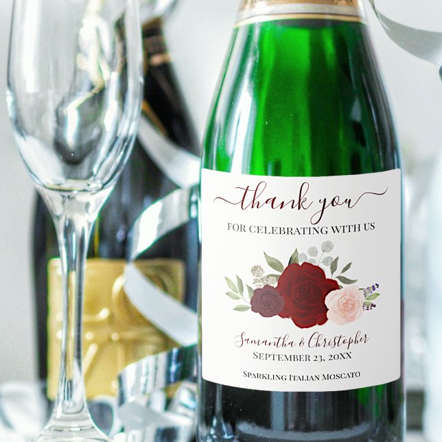 Red & Pink Roses Elegant Boho Wedding Thank You Sparkling Wine Label (Creator Uploaded)