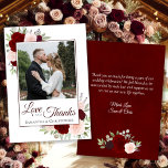 Red & Pink Roses Love & Thanks Note Wedding Photo Thank You Card<br><div class="desc">These beautiful wedding thank you cards feature a rustic boho chic floral design with your photo in surrounded by hand painted watercolor roses in shades of burgundy, red, and blush pink, along with eucalyptus leaves and greenery scattered about. The caption reads: Love and Thanks, with your names below. The back...</div>