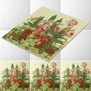 Red & Pink Roses on Picket Fence Trellis Frieze Tile