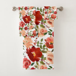 Red Pink Roses Poppies Trendy Girly Bath Towel Set