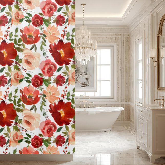 Red Pink Roses Poppies Trendy Girly Shower Curtain (Creator Uploaded)