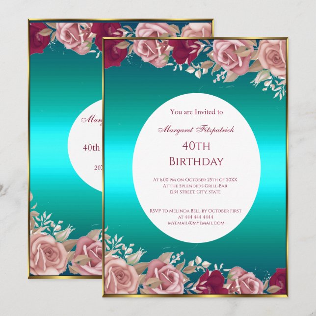 Red Pink Roses Teal Green White Birthday Party  Invitation (Front/Back)