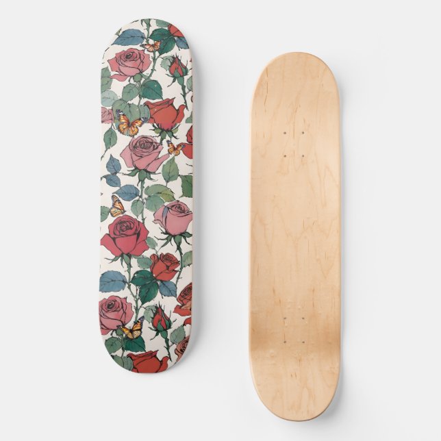 Red & Pink Roses with Leaves & Monarch Butterflies Skateboard (Front)