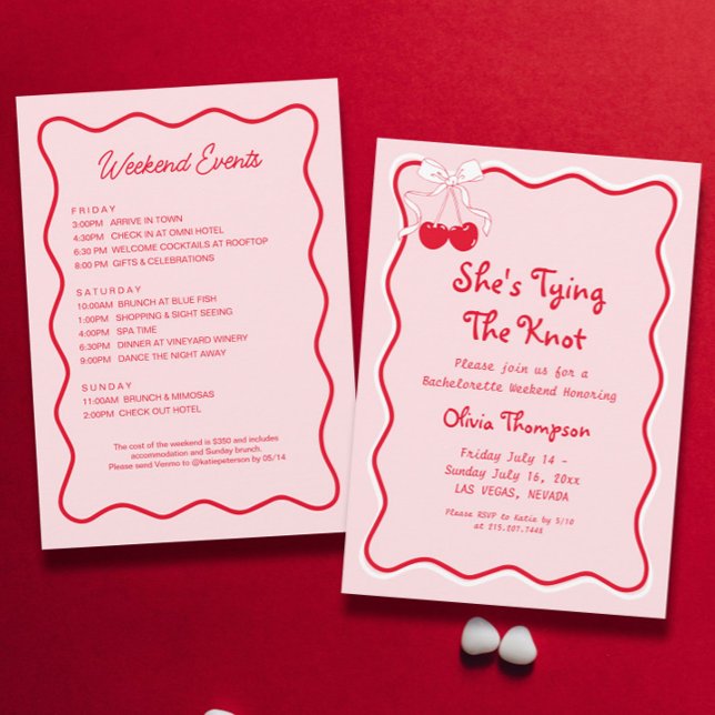 Red Pink She's Tying the Knot Bachelorette Party Invitation (Creator Uploaded)