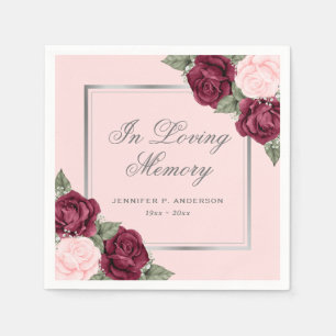 Red Pink Silver Watercolor Floral Memorial Funeral Napkin