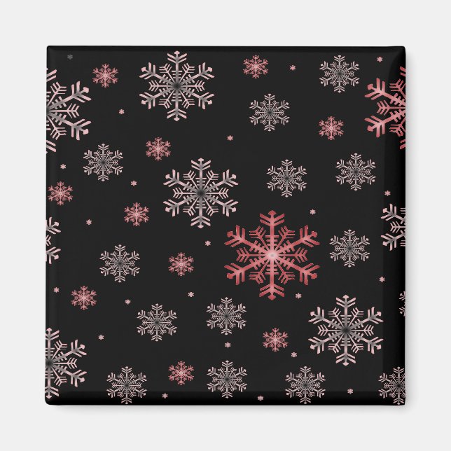 Red/Pink Snowflakes on Black Winter Season Magnet (Front)