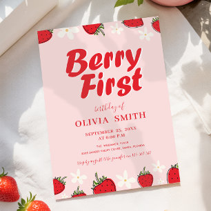 Red Pink Strawberry Berry First Birthday Invitation