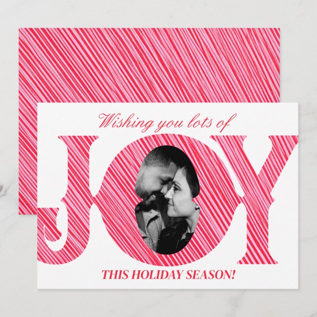 Red & Pink Stripe Holiday JOY Photo Christmas Card (Front/Back)