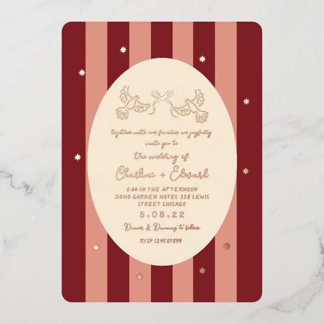Red Pink Striped Gold Star Wedding  (Front)