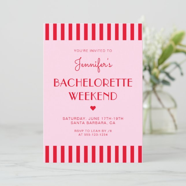 Red & Pink Stripes Bachelorette Weekend Itinerary Invitation (Standing Front)
