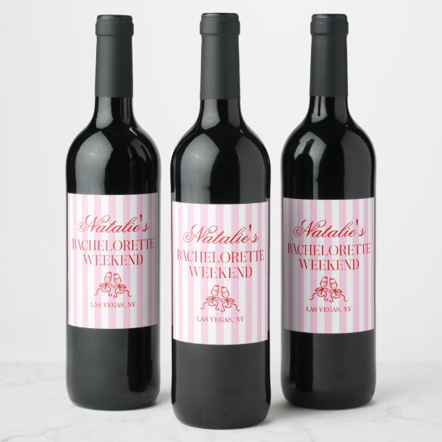 Red Pink Stripes Bachelorette Weekend Party Wine Label (Bottles)