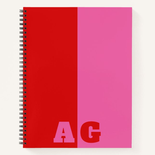 Red Pink Stripes Bold Monogram Notebook (Front)