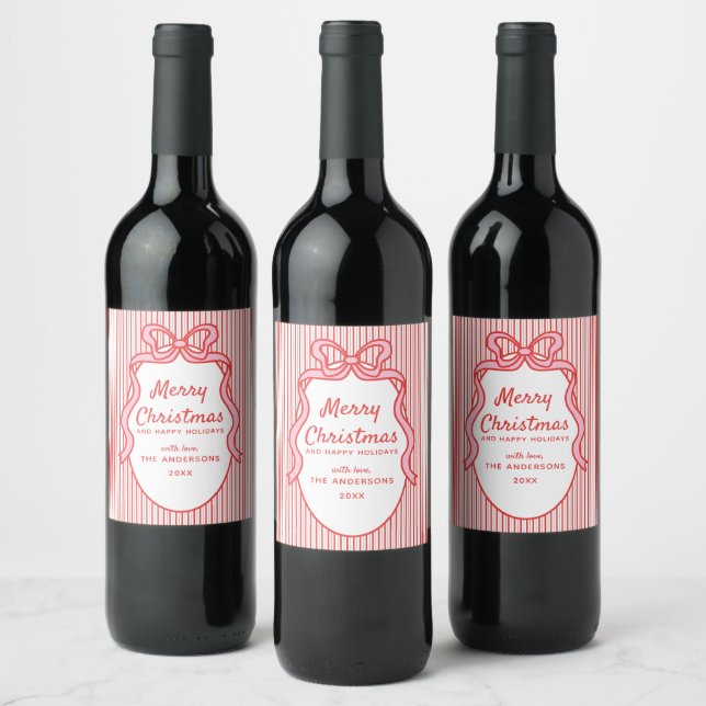 Red Pink Stripes & Bow Frame Christmas  Wine Label (Bottles)