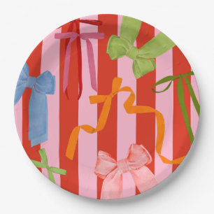 Red Pink Stripes & Bows Retro Paper Plate