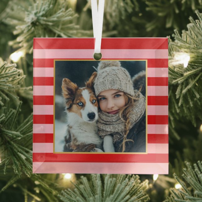 Red Pink Stripes Christmas Photo Glass Ornament (Insitu)