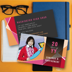 Red Pink Stylish Geometric Lines Mod Photo Graduat Calling Card