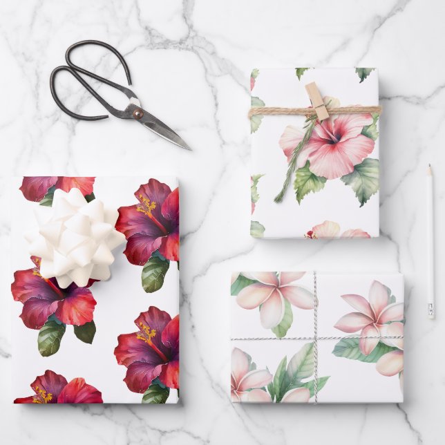 Red Pink Tropical Hibiscus Plumeria Floral Wedding Wrapping Paper Sheet (Front)
