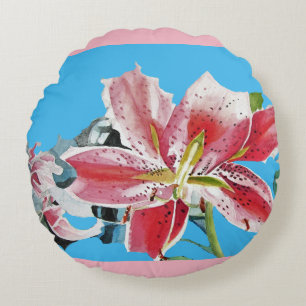 Red Pink Tropical lily Lillies Flower Floral Blue Round Pillow