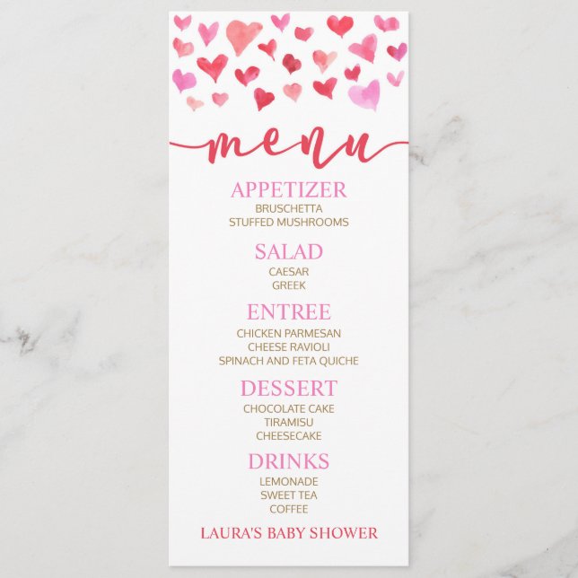 Red Pink Valentine Baby Shower Food Menu (Front)