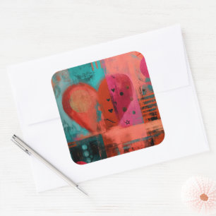 Red Pink Valentine Graffiti Split Heart Square Sticker
