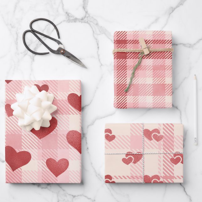 Red & Pink Valentine Hearts Wrapping Paper Sheets (Front)