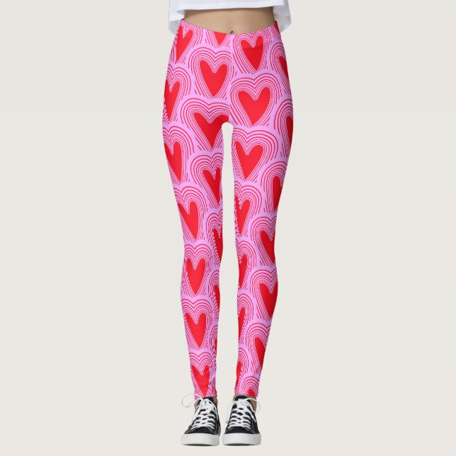 Red Pink Valentine's Day Hearts Print Leggings (Front)