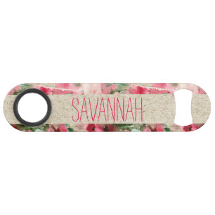 Red & Pink Vintage Watercolor Floral Monogram Speed Bottle Opener