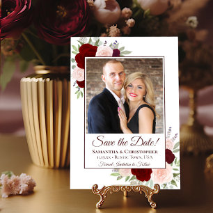 Red & Pink Watercolor Boho Roses & Photo Wedding Save The Date