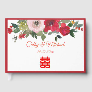 Red pink watercolor floral modern Chinese wedding Guest Book