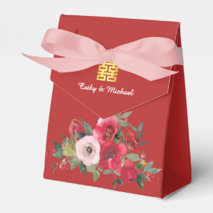 Red pink watercolor floral modern double happiness favor box