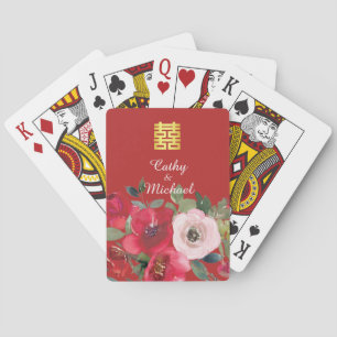 Red pink watercolor floral modern double happiness playing cards