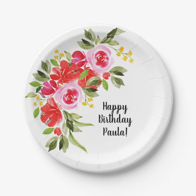 Red Pink Watercolor Floral Paper Plate (Front)