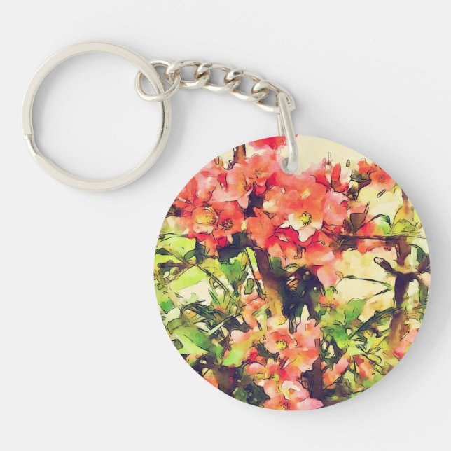 Red Pink Watercolor Floral Pattern 1 Keychain (Front)