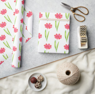 Red, Pink Watercolor Flower Pattern Wrapping Paper