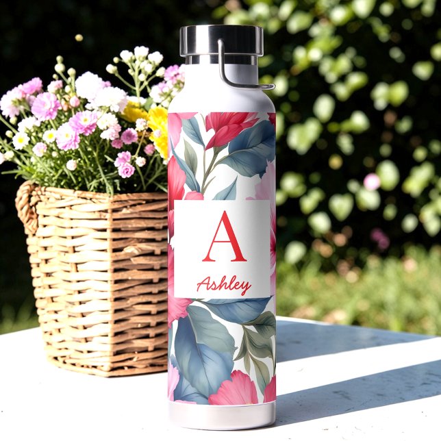 Red Pink Watercolor Hibiscus Flowers Water Bottle (Creator Uploaded)