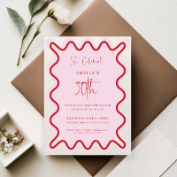 Red Pink Wavy Border 30th Birthday Invitation