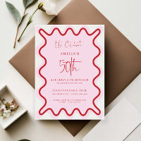 Red Pink Wavy Border 50th Birthday Invitation