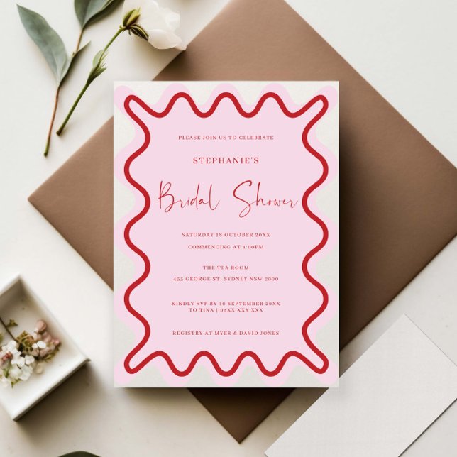 Red Pink Wavy Border Bridal Shower Invitation (Creator Uploaded)