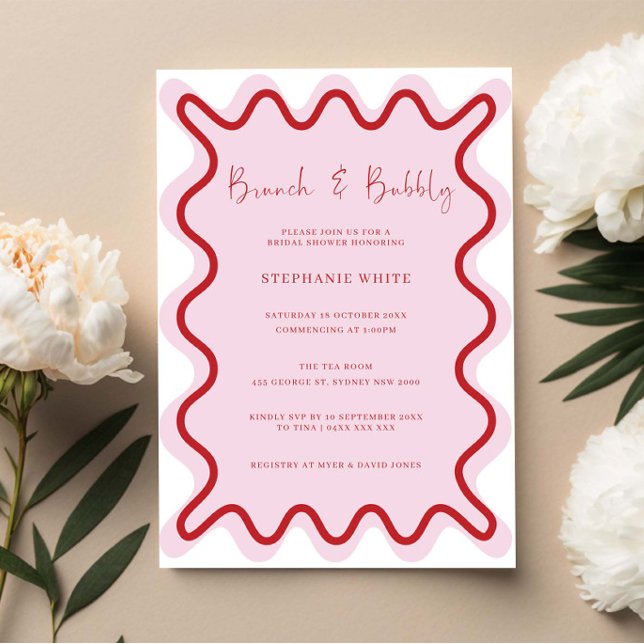 Red Pink Wavy Border Brunch and Bubbly Invitation (Creator Uploaded)