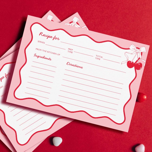 Red Pink Wavy Bow Cherry Bridal Shower Recipe Card (Creator Uploaded)