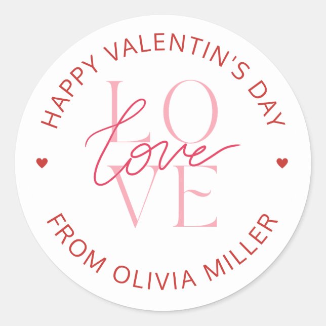 Red Pink White Happy Valentine's Day Love Classic Round Sticker (Front)